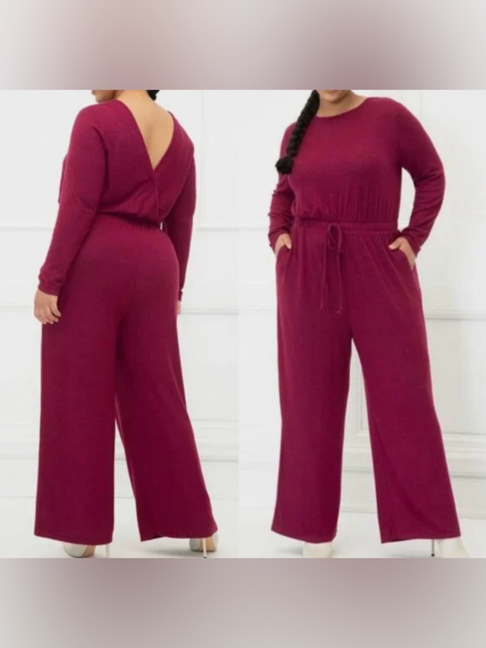 Women's Wine Long-Sleeve Wide-Leg Jumpsuit